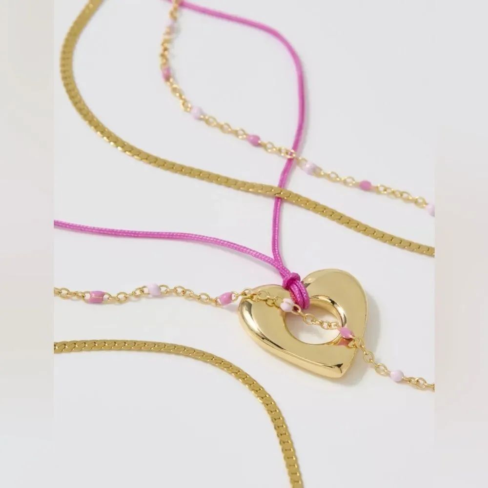 NWT AERIE AE Aerie Pink Roped Heart Necklace 3-Pack
